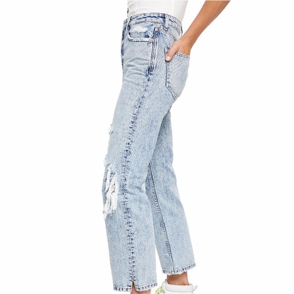 - Free People Blue Acid Wash My Own Lane Jeans Distressed Hi-rise Straight Leg - Picture 2 of 12